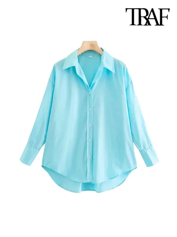TRAF Women Fashion Office Wear Loose Poplin Solid Shirts Vintage Long Sleeve Button-up Casual Female Blouses Blusas Chic Tops 5