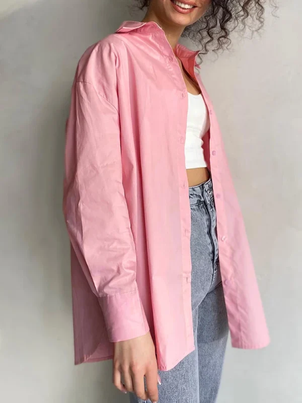 Basic Candy Colors Shirt Women's Beautiful Blouses with Collar 2023 Summer Green Button Up Shirts Oversized Long Sleeve Tops 4
