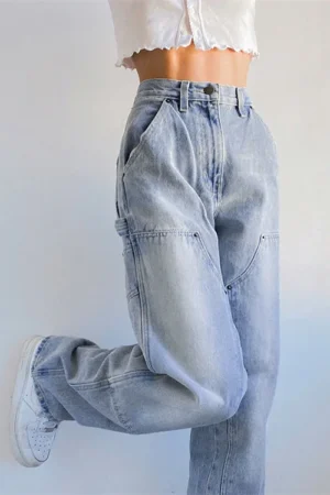 Vintage Baggy Jeans Women 90s Streetwear Pockets Wide Leg Cargo Pants Low Waist Straight Denim Trousers