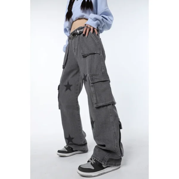 Vintage Grey High Waist Women Jeans Straight Baggy Denim Pants Stars American Fashion Streetwear Wide Leg Jean Female Trouser 2