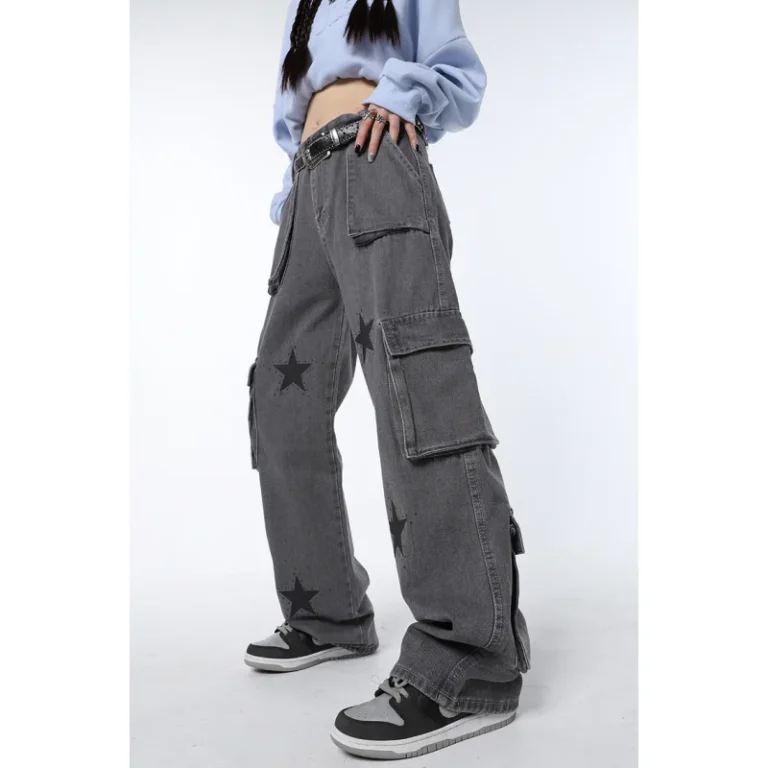 Vintage Grey High Waist Women Jeans Straight Baggy Denim Pants Stars American Fashion Streetwear Wide Leg Jean Female Trouser 2