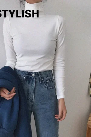 Autumn Long Sleeve Turtleneck Tops Slim Knitted Bottoming T Shirt Korean Fashion Sweater Harajuku Pullover Women Clothing Jumper
