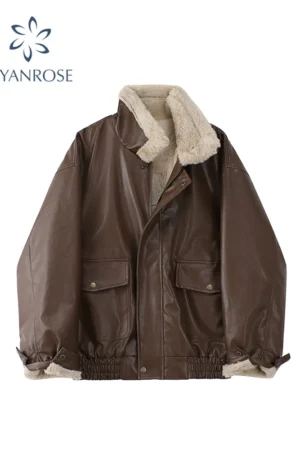 Winter Women's Fur Leather Jacket Long Sleeved Loose Warm Lamb Wool Vintage Thickened Locomotive Lapel Female PU Motorcycle Coat 1
