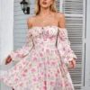 NewAsia Floral Dress Women Lantern Long Sleeve Ruched Print A Line Square Neck Tie up Mini Vestidos Sexy Chic Summer Beach Dress 6