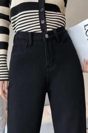 Black Loose Korean Harem Cropped Trousers High Waist Plus Velvet Thick Female Winter New Jeans Women Straight-leg Chic Trousers 2