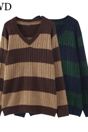 PUWD Vintage Women V Neck Stripe Loose Pullover Sweaters 2022 Spring Fashion Ladies Streetwear Knitted Y2K Girls Chic Knitwear