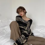LMQ NEW Women Punk Gothic Striped Long Sleeve Loose Patchwork Sweater Hip Hop Retro Oversize Pullover Casual Knitted Jumpers