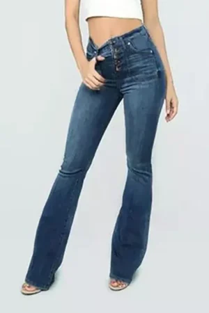 Midiross Women’s Flare Denim Jeans High Waisted Button Up Bell Bottom Stretch Classic Flared Pants