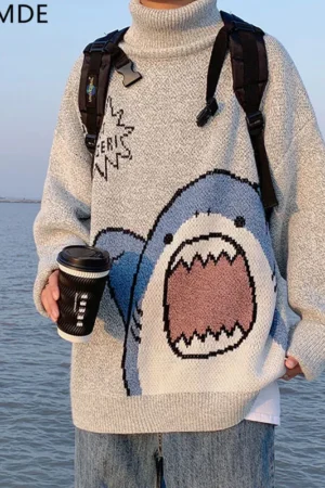 ZAZOMDE Men Turtlenecks Shark Sweater Men 2023 Winter Patchwor Harajuku Korean Style High Neck Oversized Grey Turtleneck For Men