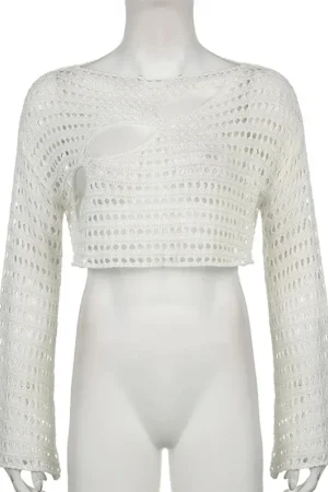 Y2K Hollow Out Crop Top Knitted Retro Long Sleeve T Shirt Women Summer Sun Protection Breathable Cardigans Patched Tee