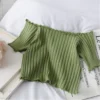 HELIAR Women Off Shoulder T-shirts Knitted Ruffles Hem Crop Tops Short Sleeve T-shirts For Women 2024 Summer Tops Female 4