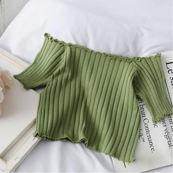 HELIAR Women Off Shoulder T-shirts Knitted Ruffles Hem Crop Tops Short Sleeve T-shirts For Women 2024 Summer Tops Female 4