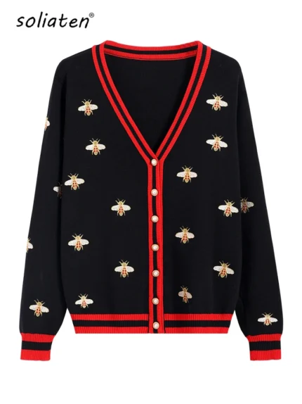 High Quality Fashion Designer Bee Embroidery Cardigan Long Sleeve Single Breasted Contrast Color Button Knitted Sweaters C-068 1