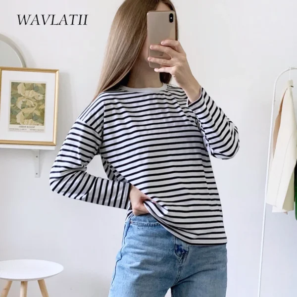 WAVLATII 2021 New Women Striped Long Sleeve T-shirts Female Streetwear Autumn Spring Cotton Tees Tops WLT2110 6