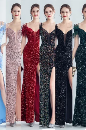 Off Shoulder Fishbone Feather Back Tie Cord Chest Style Dress Sequin Fishtail Evening Dress Strap Split Skirt Hem Celebrity Girl