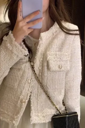 SMTHMA New Fashion Korean Chic Vintage Tweed Woolen Jacket Coat Women Autumn Single Breasted Plaid Tassel Office Lady Outwear