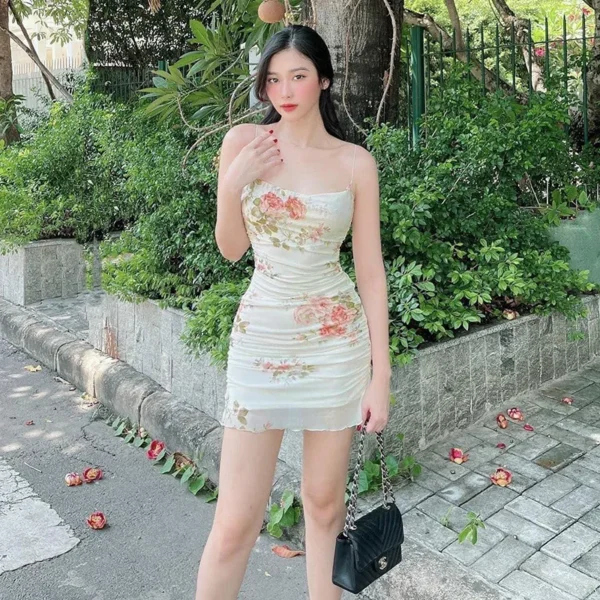 Xingqing 2000s Women Floral Mini Dress y2k Aesthetic Sleeveless Ruffles Hem Kawaii Sundress Sexy Sweet Girl Fairycore Dresses 2
