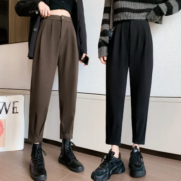 Autumn Winter Woolen Women's Pants Casual Streetwear Loose Elastic High Waist Harem Pants Femme Thin Legs Black Brown Trousers 4