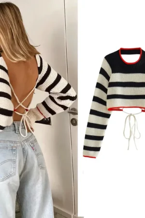 Y2K Striped Pin Up Full Sleeve Knitted Cardigans