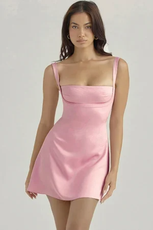 Birthday Dress For Women A-Line Pink Dress Sexy Satin Holiday Party Dresses Mini Casual Spaghetti Strap Graduation Dress Stretch