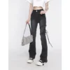 Women's Clothing Flare Jeans Black Lacing High Waist Stretchy Self Cultivation Vintage Casual Baggy Ladies Denim Trouser Summer 5
