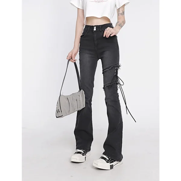 Women's Clothing Flare Jeans Black Lacing High Waist Stretchy Self Cultivation Vintage Casual Baggy Ladies Denim Trouser Summer 5