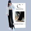 Women Black Front Slit Pants Chic Fashion Office Lady Long Straight Trousers Elastic High Waist Pencil Loose Trousers Jumpsuits 3
