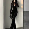 TVVOVVIN  Fashion Black Velvet Slim Hooded Zipper Long Sleeve Flare Pants Jumpsuit Rompers Korean Sexy Hot Tops 2023 9P64 5