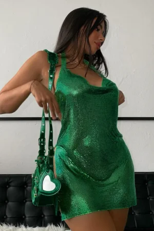 BKLD Women Clothing 2024 Spring New Solid Color Sexy Bronzing  Sparkle Dress Backless Split Halter Neck Short Dress Clubwear