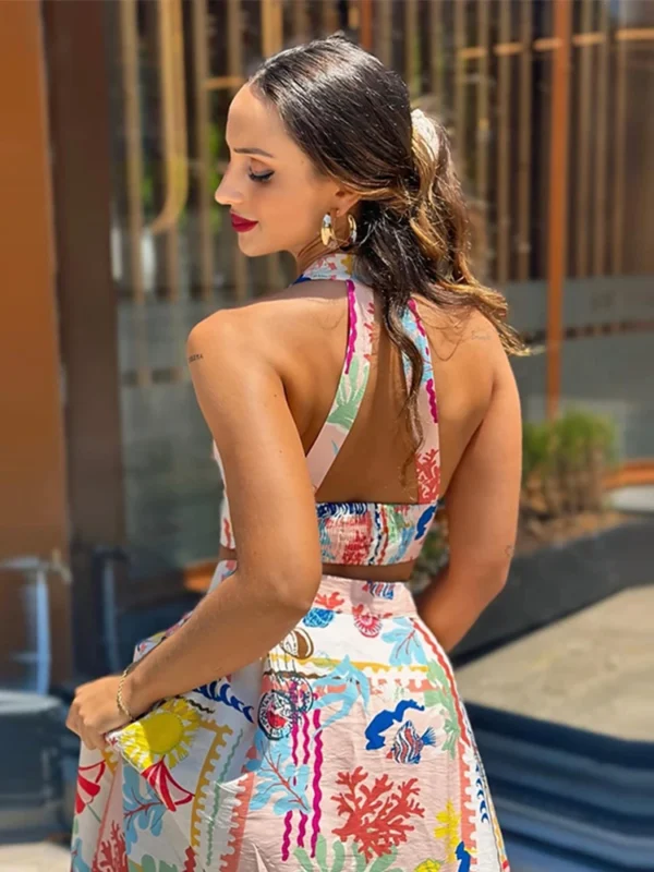 Sexy Print Halter Top Skirts Set Women Sleeveless Backless Tank Tops High Waist Split Skirt Set 2024 Summer Lady Beach Outfit 4