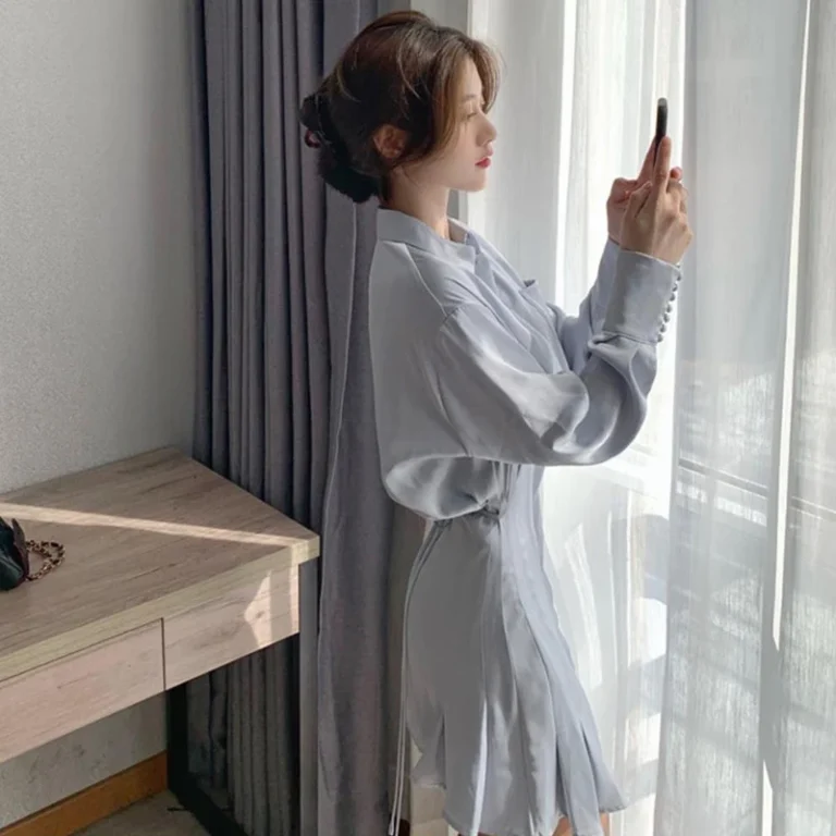 Elegant Mini Shirt Dress Women Korean One Piece Office Lady High Waist Party Dress Y2K Bodycon Dress Vintage Casual Shirt Dress 6
