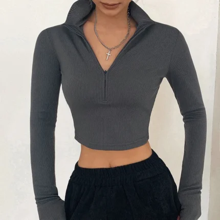 solid color casual T-shirt women long sleeves turtleneck crop tops sexy simple style party club 2024 spring summer new 2