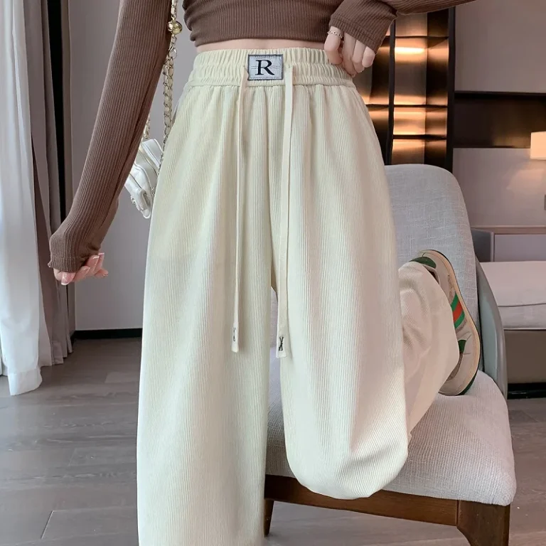 Wood Cotton Fleece Wide-Leg Pants Women 2023 Spring Autumn New High-Waisted Slimming Sports Casual Pants Loose Mopping Y2k Pants 2