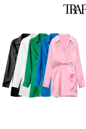 TRAF Women Fashion With Gathered Satin Mini Dress Vintage V Neck Long Sleeve Female Dresses Vestidos Mujer