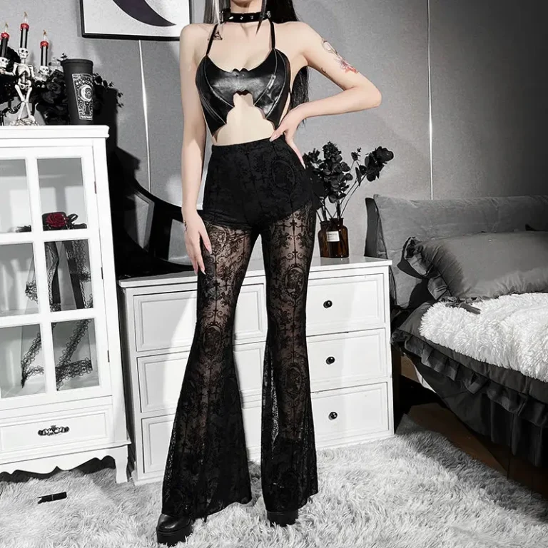 Dark Goth Subculture Black Lace Flares See-through High-waisted Design Pants Spicy Girl Hotsweet Sexy 2