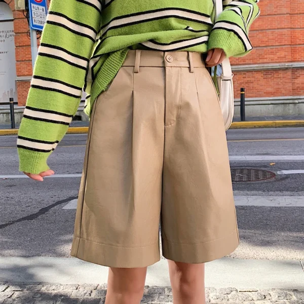 QOERLIN S-4XL Fashion PU Leather Shorts Women's Autumn Winter Bermuda Elastic Waist Loose Five Points Leather Trousers Shorts 5