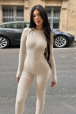 Casual Basic Jumpsuits Women Concise Autumn Full Sleeve O-neck Body-shaping Overall Solid Sporty Daily Lady Classic Cloth 2