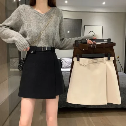 With Belt Autumn and Winter High Waist A- line Skirt Black Skirt for Women Woman Skirts Faldas Jupe 2