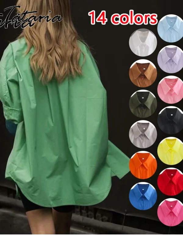 Basic Candy Colors Shirt Women's Beautiful Blouses with Collar 2023 Summer Green Button Up Shirts Oversized Long Sleeve Tops 1