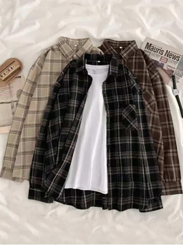Women Shirt Plaid Oversize Blouse Female Korean Fashion Long Sleeves Shirt Tops Casual Outwear Vintage Checkered Femme Blusas 2