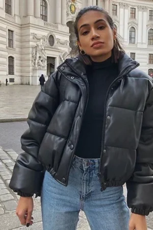 CP Winter Thick Warm Short Parkas Women Fashion Black PU Leather Coats Women Elegant Zipper Cotton Jackets Female Ladies 2