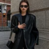 Women Black Brown Soft PU Leather Blazer Shoulder Pads Long Sleeve Single Breasted Loose Casual Jacket Tops Korean Fashion Coat 2