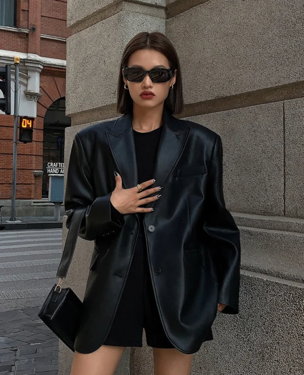 Women Black Brown Soft PU Leather Blazer Shoulder Pads Long Sleeve Single Breasted Loose Casual Jacket Tops Korean Fashion Coat 2