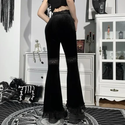 Women Gothic Punk Black Velvet Flare Pants Harajuku Sexy Hollow Out Lace Patchwork High Waist Skinny Vintage Gypsy Bell Bottom 2