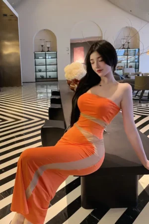 WOMENGAGA Orange Irregular Long Dress Sexy Slim Mid Length Dress Elegant For Women Hot Sexy Korean Women Tops Sweet 2023 New B7J