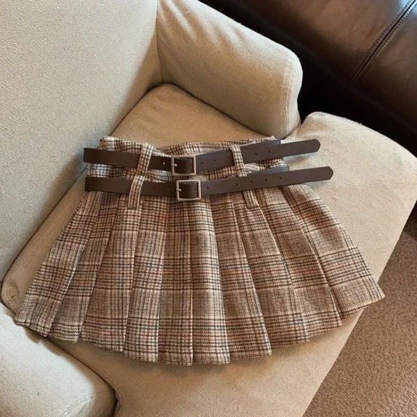 Spring Autumn Girls Pleated Skirt Baby Kids Skort Children Fashion Bottoms Check Plaid Solid Waist Belt 3-14 kids girls clothes 3