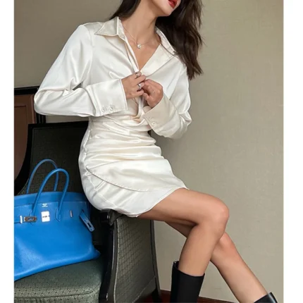 Elegant Satin Mini Dress Bubbling Champagne Black Satin Long-sleeved V-neck Shirt Collar Waist Fold Temperament Buttock Dress