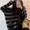 Deeptown Gothic Streetwear Striped Knitted Sweater Women Harajuku Punk Hollow Out Jumper Hole Loose All-match Tops Grunge E-girl 3