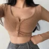 WOMENGAGA Korean Slim V-neck Long Sleeve Bottomed Womens Tops And Blouses High Street Solid Color Open Navel Cardigan U4WF 3
