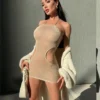 Shestyle Sparkle Halter Sexy Dress Women Sheath Hollow Out Nude Apricot Side Hole Sleeveless Backless Club Party Outitf Hot 2